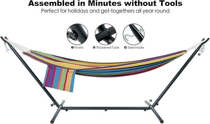 GAFETE Double Hammock with Stand for Outside, Upgraded Spreader Bar, Heavy Duty Space Saving Steel Stand 2 Person, Side Pockets, Easy Assembly, 600lbs Weight Capacity, Indoor & Outdoor (Classic Red)