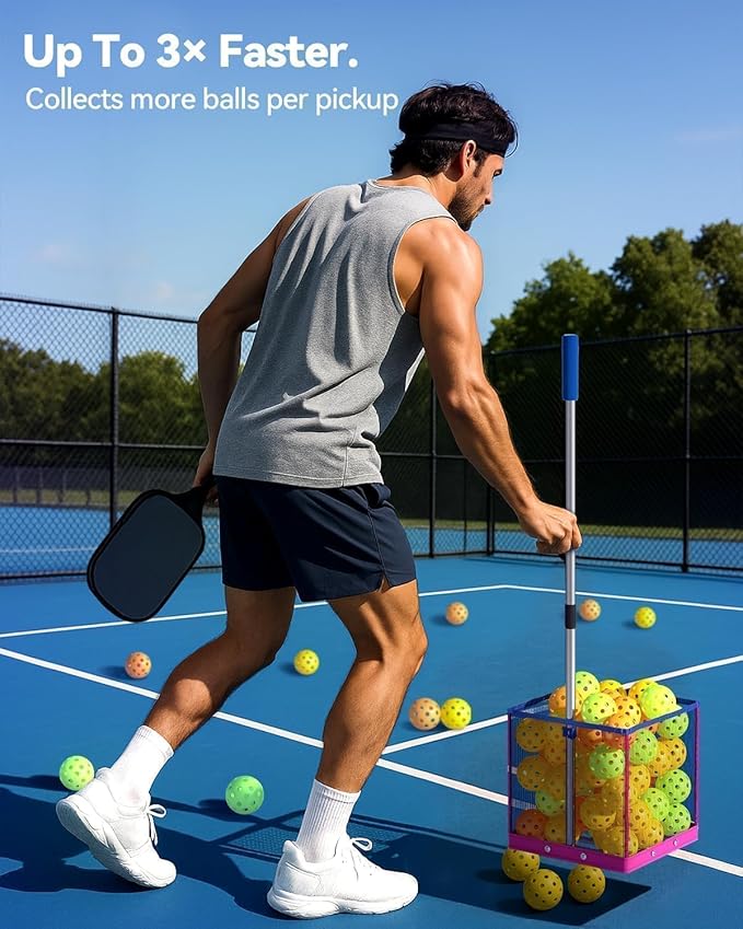 Pickleball Picker Upper 40+ Ball Capacity Hopper Holder, Foldable Basket with Telescopic Stainless Steel Handle, Quick Pickup No Bending Ball Retriever Collector, Portable for Court Training