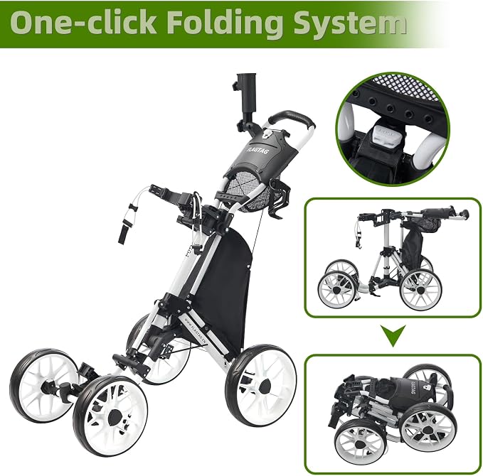 FLAGTAG Golf Push Cart 4-Wheels,Folding Golf Cart, Golf Pull cart with Cup Holder,Umbrella Holder,Cooler Bag, Foldable with one-Click,Handle Height Adjustable,Drink Holder,Walking Push cart