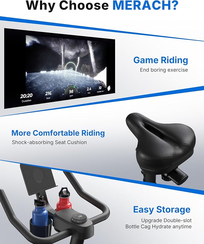 Merach Exercise Bike, Magnetic Friction Stationary Bike with Brake Pad and Exclusive App, Low Noise Indoor Cycling Bike with 300lbs Weight Capacity, Tablet Mount and Fitness Courses for Weight Loss