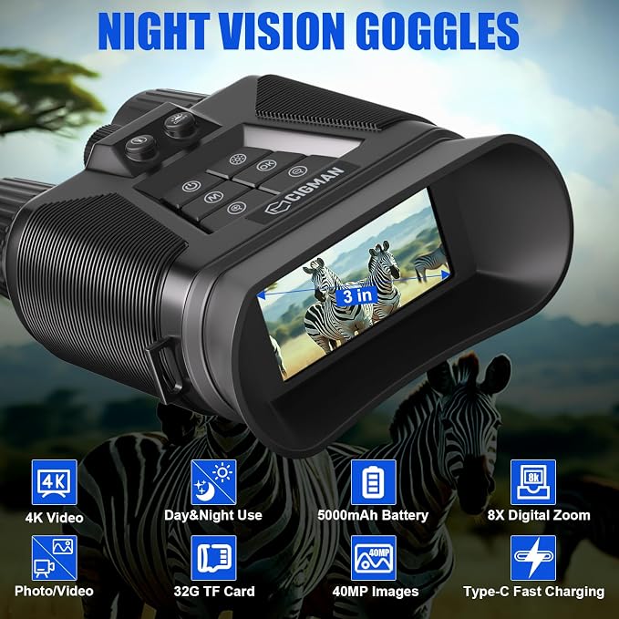 Night Vision Goggles, 4K Night Vision Binoculars for Adults, 5000mAh Rechargeable Battery & 32 GB TF Card Infrared Binoculars with Camera, 3'' HD Screen, 8X Digital Zoom to 3280 Ft Clear View, Black