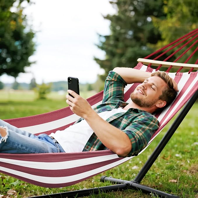 MOSFiATA Hammocks Portable Camping Hammock Upgraded 550lb Thickened Fabric Single Hammocks with Two Anti Roll Balance Beam and Tree Straps for Camping, Patio, Backyard, Outdoor(Red White)
