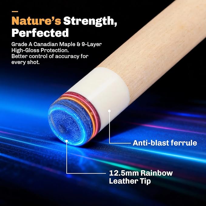 Professional Pool Cue Stick with Hard Case, 58" Canadian Maple Billiard Cue & 12.5mm Multi-Layer Rainbow Tip, Pool Cue Set with 3 Accessories, 19/20/21oz Billiard Stick (Selectable)