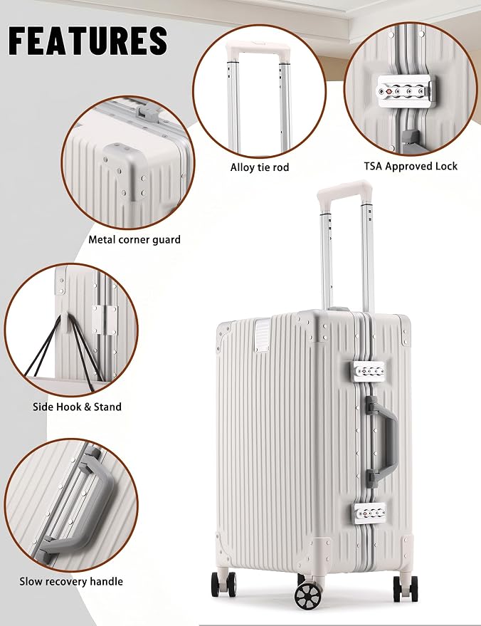 20 Inch Carry On Luggage with Aluminum Frame, Zipperless PC Hard Shell Suitcase with TSA Lock & 360° Spinner Wheels, Airline Approved Carry-On, White