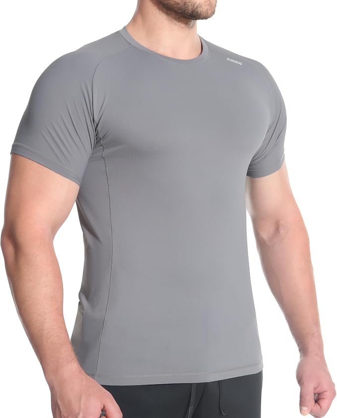 BROKIG Mens 4.9oz Cooling Gym Workout Shirts,Bodybuilding Athletic Running Shirt Casual Crew Neck Fitted Short Sleeve