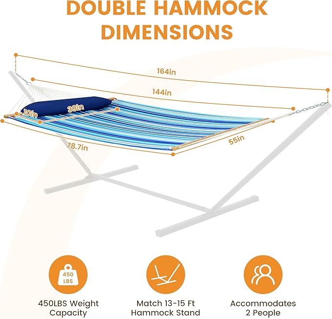 Lazy Daze Hammocks 12 FT Quilted Fabric Double Hammock with Spreader Bars and Detachable Pillow, 450lbs Weight Capacity
