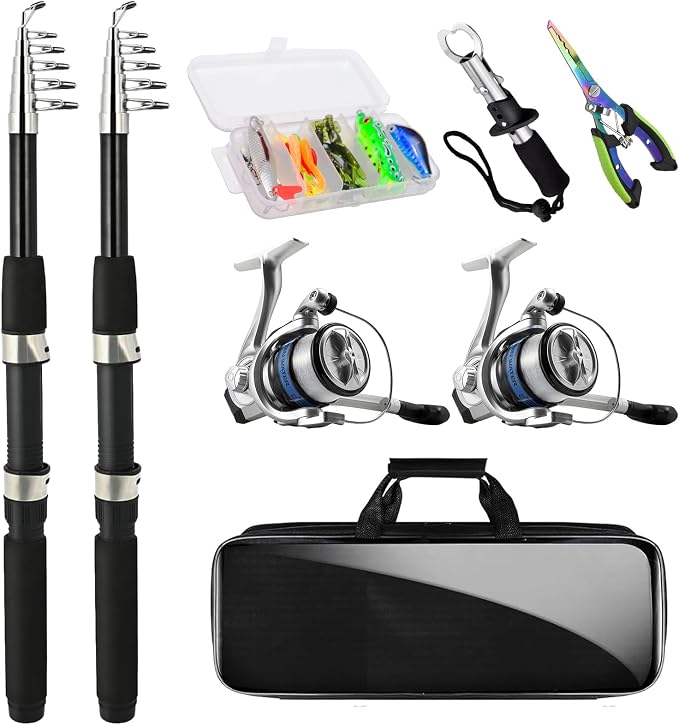 Telescopic Fishing Rod and Reel Combo Set, 2PCS Collapsible Fishing Poles, Fishing Kit with Spinning Reel Fishing Pliers and Lip Gripper, Travel Saltwater Freshwater Fishing Gear for Adults Beginners