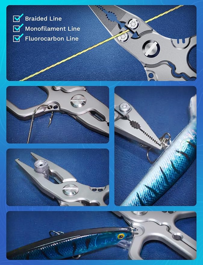 HOOK-EZE Titanium Fishing Pliers, 4.1" Saltwater Resistant Fishing Scissors, FG Knot Tying Tool, GT Knot Assist for Braid to Leader Connection, Adjustable Tension
