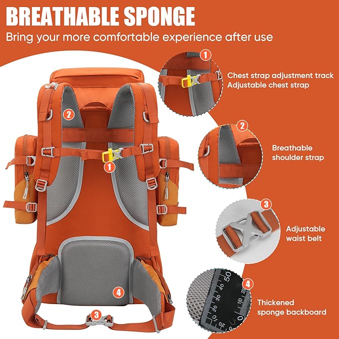 Bseash 70L (65+5) Waterproof Hiking Camping Backpack with Rain Cover, Outdoor Sport Travel Daypack for Climbing Touring (Orange)