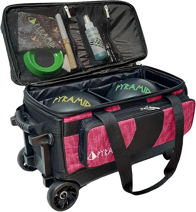 Pyramid Deluxe Double Roller 2 Ball Bowling Bag with Large Separate Shoe Compartment (Up To 2 Pairs Of Shoes) and Accessory Pockets, Sturdy Square Handle - Extends to 40" - Pro Options Available