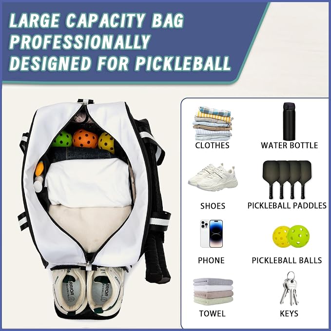 ROYALFAIR Pickleball Tote Bag for Women Men Large Capacity with Paddle Cover Pocket Internal Shoe Pocket and Adjustable Shoulder strap