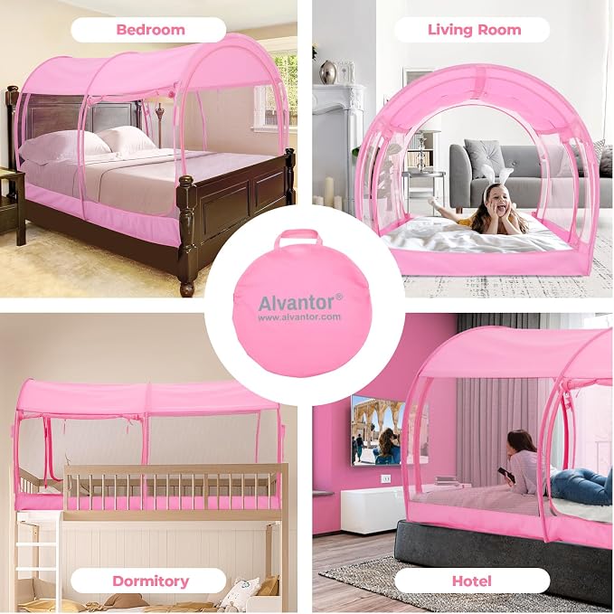 Alvantor® Mosquito Net Bed Canopy Tents Dream Privacy Space Twin Size Sleeping Tents Indoor Pop Up Portable Frame Breathable Cottage Pink (Mattress Not Included)