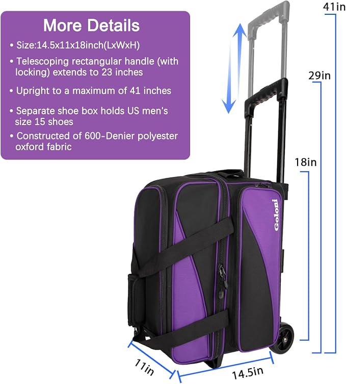 Goloni 3 Ball Bowling Bag with Wheels, 2+1 Double Roller Bowling Bag with Shoe Compartment,Tote Bag for Bowling Accessories