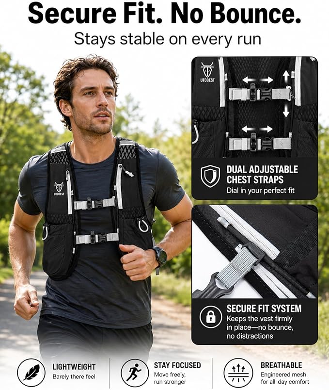 UTOBEST Running Vest, 5L Hydration Vest Lightweight, Breathable and Sweatproof Running Backpack, Adjustable Running Hydration Vest for Trail Running Marathon Race Jogging Cycling