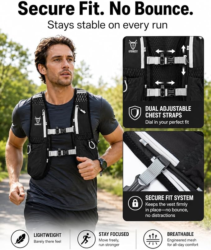 UTOBEST Running Vest, 5L Hydration Vest Lightweight, Breathable and Sweatproof Running Backpack, Adjustable Running Hydration Vest for Trail Running Marathon Race Jogging Cycling