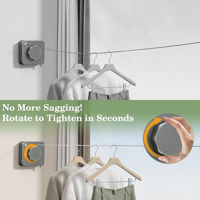 Danpoo Stainless Steel Retractable Clothesline Heavy Duty - 13.7ft Adjustable Tension Non-Drop Clothes Line, Rustproof Metal Wall Mounted Laundry Line(Gray)