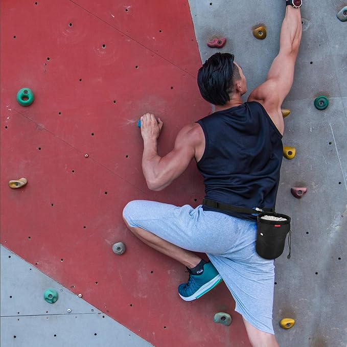Rhino Valley Climbing Chalk Bag, No Leak Drawstring Chalk Bag with Adjustable Belt, Carabiner Clip and Zippered Pockets Chalk Bag for Rock Climbing, Cross Fit, Weight Lifting & More