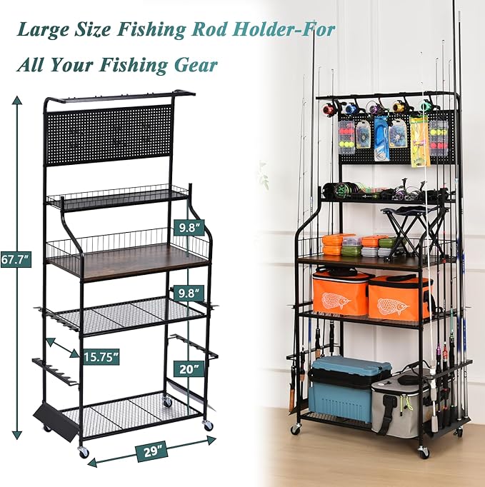 Metal Black Fishing Rod Rack for 12 Rods With Large Storage Capacity, Vertical Fishing Pole Holders for Garage Use for Fishing Gear Storage