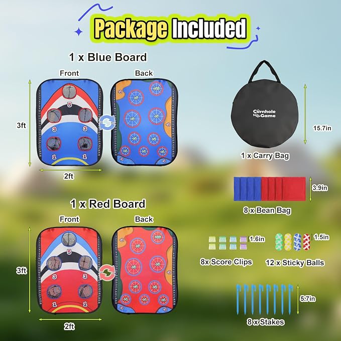 ROSE ME Cornhole Board Set, Portable Collapsible 5 Holes & Double Sided 3x2 ft Corn Hole Boards with 8 Bean Bags 12 Sticky Balls Free Carry Case, Adults Outdoor Toss Games for Yard, Beach, Lawn