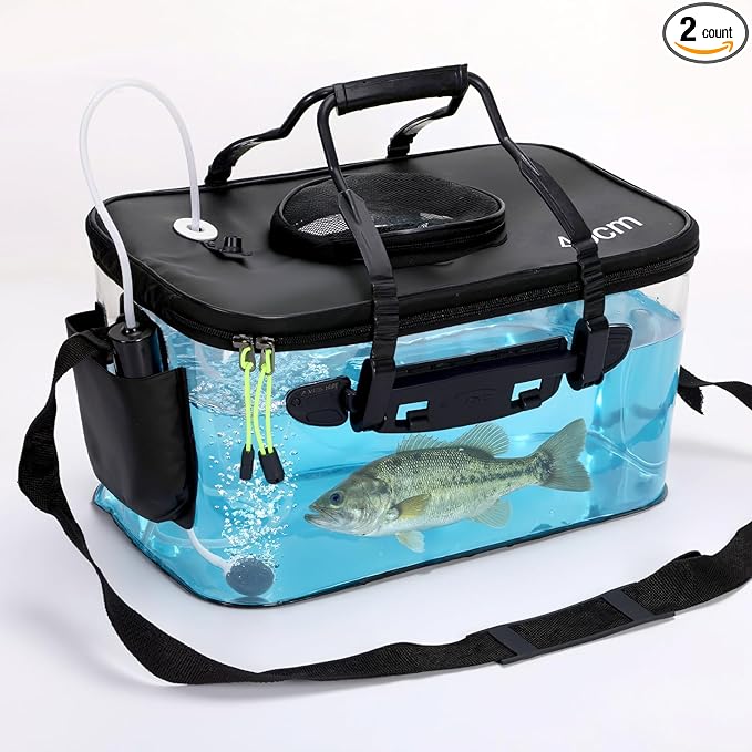AceOrbit Foldable Transparent Fishing Bucket with Aerator Live Bait Bucket and Dual Outlet Air Pump, Heavy Duty EVA Collapsible Fish Basket for Kayak, Ice Fishing, Camping & Travel
