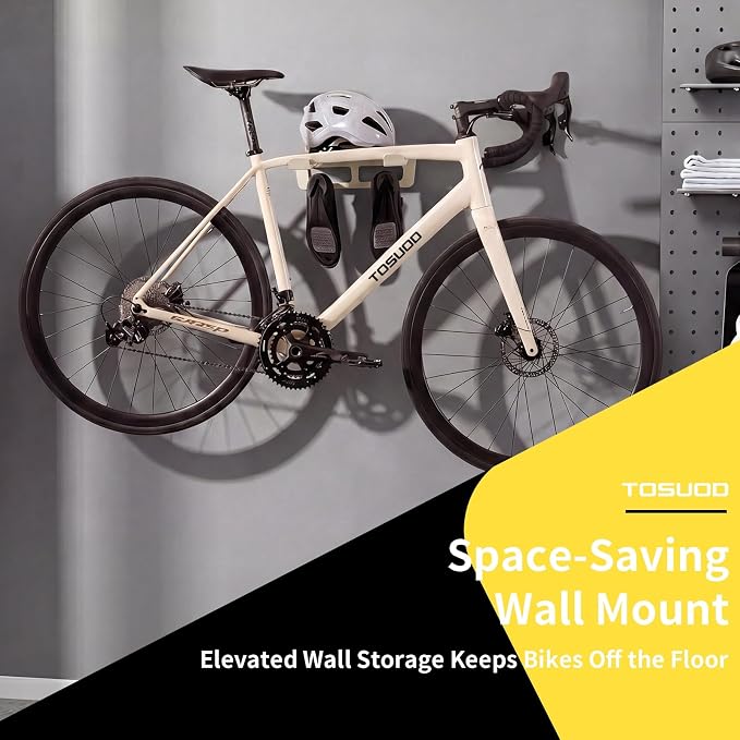 Bike Wall Mount Rack Indoor Bike Storage Garage Bike Rack Wall Mount with Shelf and Hooks Store Your Helmet and Shoes Heavy-Duty Adjustable Bike Hanger for a Single Road, Mountain Bicycle