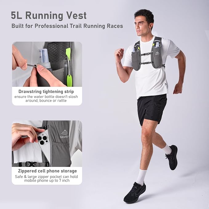 Running Vest for Women Men, 5L Hydration Vest with Dual 500ml Soft Flask, Lightweight Water Backpack, Adjustable Chest Straps Running Hydration Backpack for Running Cycling Hiking