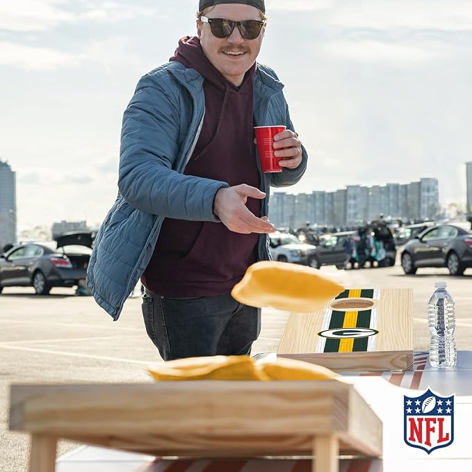 NFL Football Portable Size 1' x 2' Solid Wood Cornhole Set with Direct Print HD Team Graphics – Travel Size