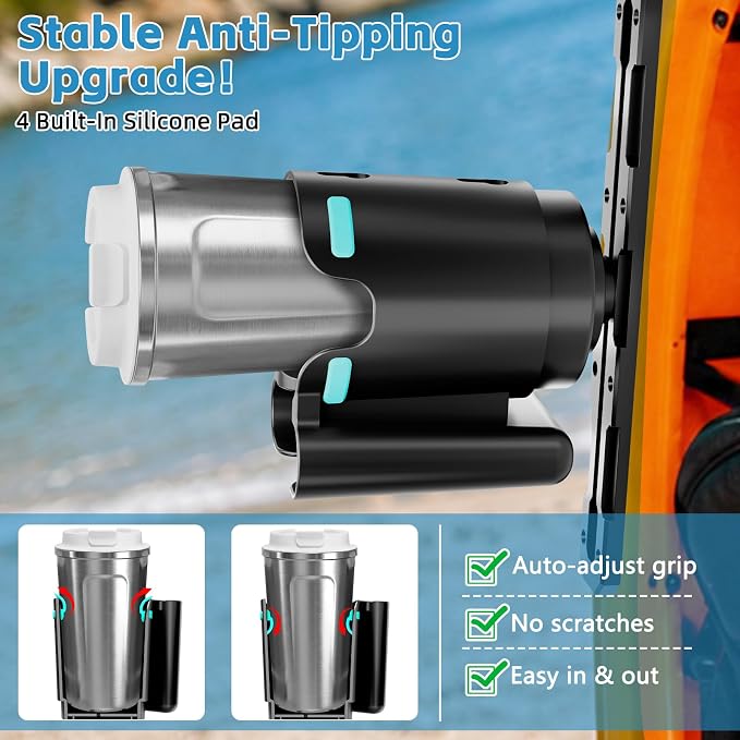 2-in-1 Kayak Cup Holder, Upgraded Anti-Tipping Drink & Phone Holder with 4 Built-in Silicone Pad, Kayak Rail Track Mount Install, Kayaks Boats Fishing Accessories (Black)