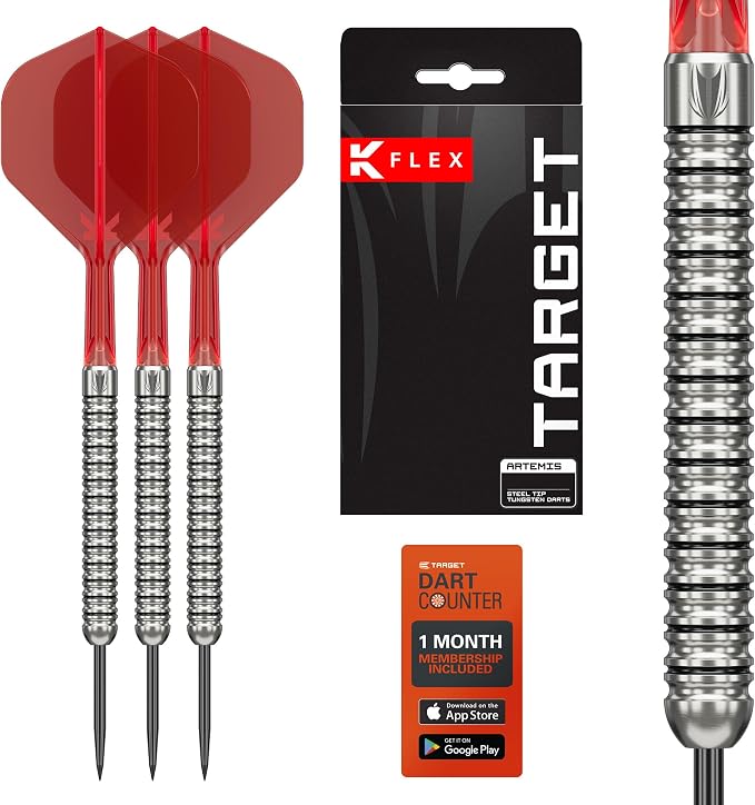 Target Darts Artemis Tungsten Steel Tip Dart Set, 21G/22G/23G/24G/25G/26G | Artemis Original | Artemis K-Flex Integrated Flight & Shaft | Professional Accessories Dart Kit, Dart Wallet Included