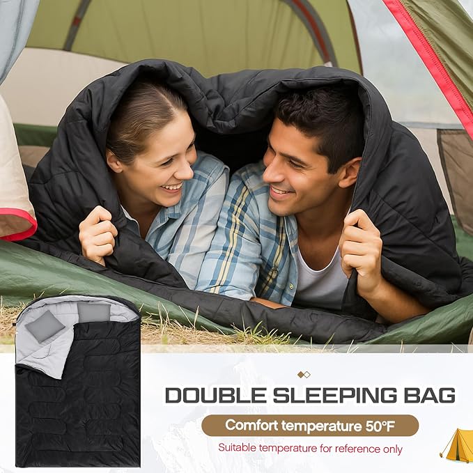 Tranqun 2 Pack Double Sleeping Bag for Adults, Queen Size Two Person Camping Sleeping Bag with Pillow Waterproof 3 Season Cotton Fabric for Hiking Backpacking Warm & Cold Weather
