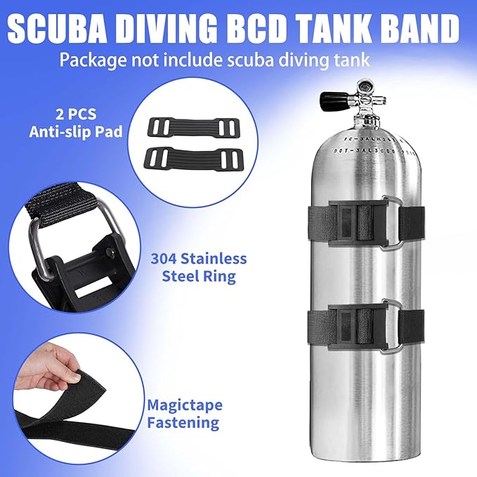 Scuba Diving BCD Tank Band, Adjustable and Durable Dive Tank Strap with Cam Buckles and Non-Slip Pads for Underwater Diving, 2 Pack