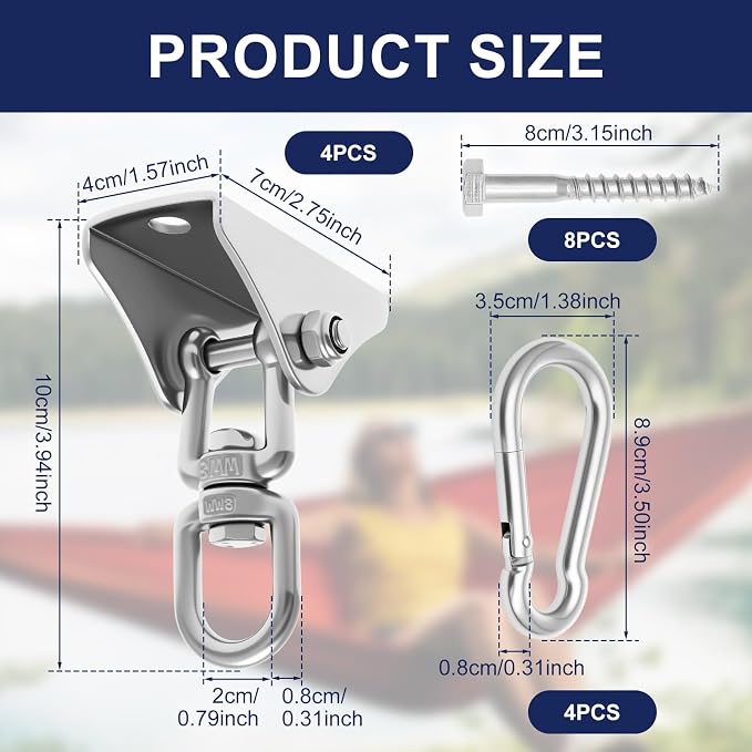 4Pcs Heavy Duty Swing Hangers Kit,304 Stainless Steel,1000 LBS Load Capacity,360° Swivel Hooks with Nylon Washers,Ceiling Mount Hardware for Porch,Hammock Chair,Yoga Swing,Punching Bag & Playground