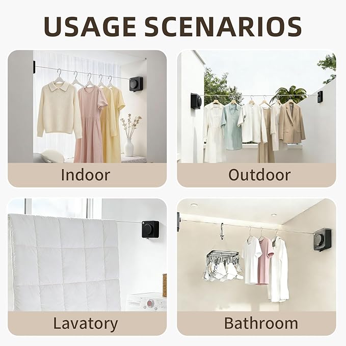 Anti-Sag Retractable Clothesline 40LB Capacity - 201in Stainless Steel Laundry Line for Indoor Outdoor, Wall Mounted Space Saving Easy Install (Black, Single line)