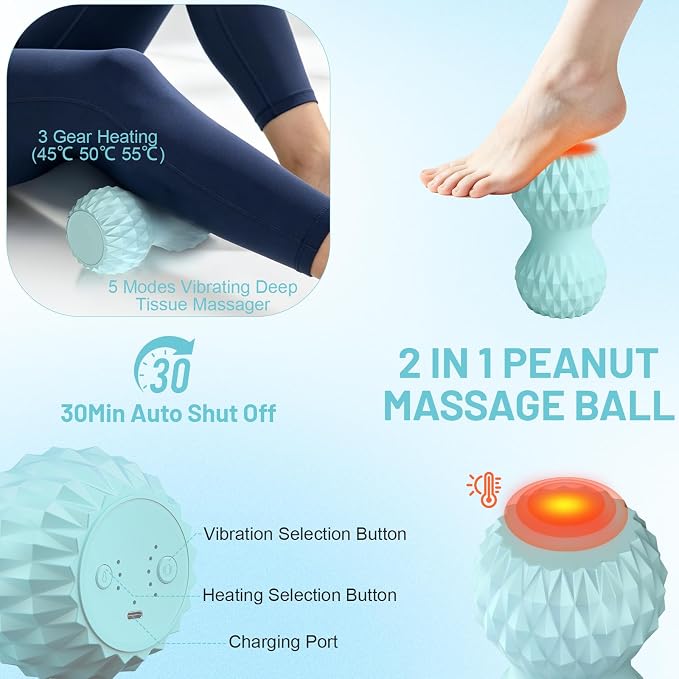 Vibrating Peanut Massage Ball, 3 Gear Heating, 5 Modes Deep Tissue Massager, Rechargeable Myofascial Release Roller for Muscle Pain Relief, Fitness, Yoga(Blue)
