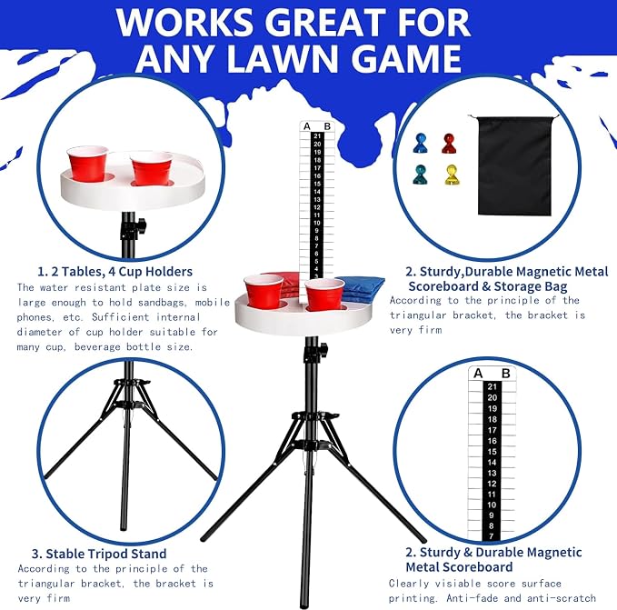 Cornhole Scoreboard with Drink Holders, 2 Sets Cornhole Score Keeper with Adjustable Foldable Tripod Stand, Magnetic Markers Corn Hole Game Accessories for Backyard, Outdoor Games
