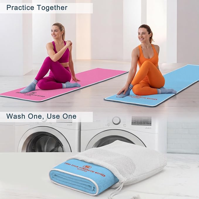 2 Pack Yoga Mat Towels with Bonus Grip Socks, Sky Blue + Rose Pink | Elegant Embroidered, 1-Second Sweat Absorption & Non-Slip | Machine Washable Microfiber | Hot Yoga, Pilates | 73''*27.6''
