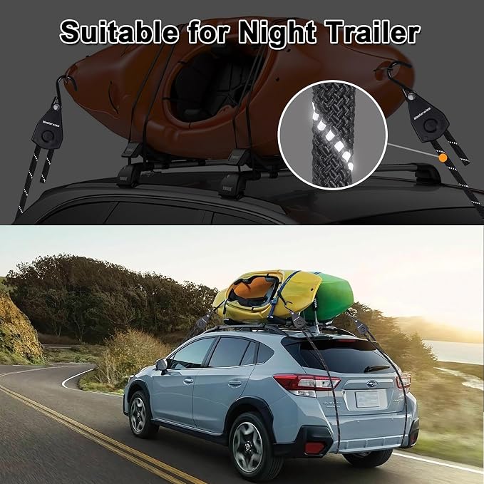 3/8" x12' Kayak Tie Down Straps with Reflective Stripe, Boat Trailer Straps Canoe Bow and Stern Rope Hanger Kayak and Canoe Accessories (Black, 2PCS)