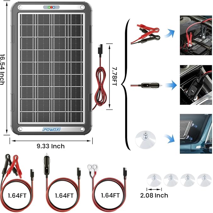 POWOXI 12V Solar Car Battery Charger: 15W Solar Trickle Charger Maintainer with MPPT Controller for Car - RV Boat Marine Motorcycle - Solar Panel Kit for Automotive Trailer Truck Snowmobile Tractor