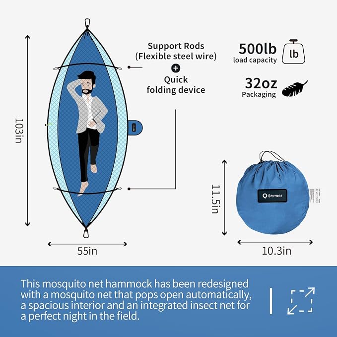 Hammock with Mosquito Net - Lightweight, Portable, 1 Person Hammock - for Camping, Hiking, Backpacking, Travel, a Festival, or The Beach (Blue)