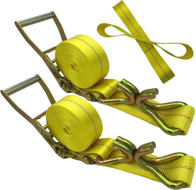 Ratchet Straps - 2" x 17' Heavy Duty Cargo Straps, Load up to 10000Lbs, Double J Hooks for Trucks, Moving Appliances, Lawn Equipment, Motorcycles - Yellow
