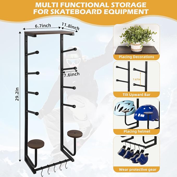 Skateboard Wall Mount Rack — Horizontal Multi-Board Display Shelf & Hanger, Longboard Deck Cruiser Holder, Wooden Helmet Stands & Accessories Hooks, Home Garage Wall Storage Organizer (Black)