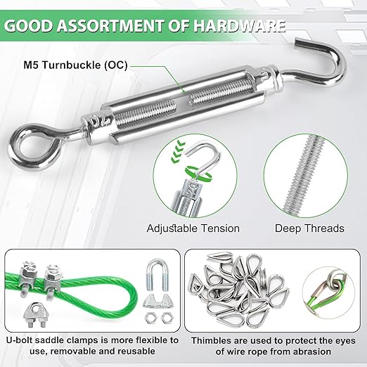 100Ft Clothes Line Outdoors, Green PVC Coated Steel Cable Clip Kit, Multi-use Turnbuckles for Cables Wires/Clothesline Wire/Grape Vine/String Light Hanging Kit