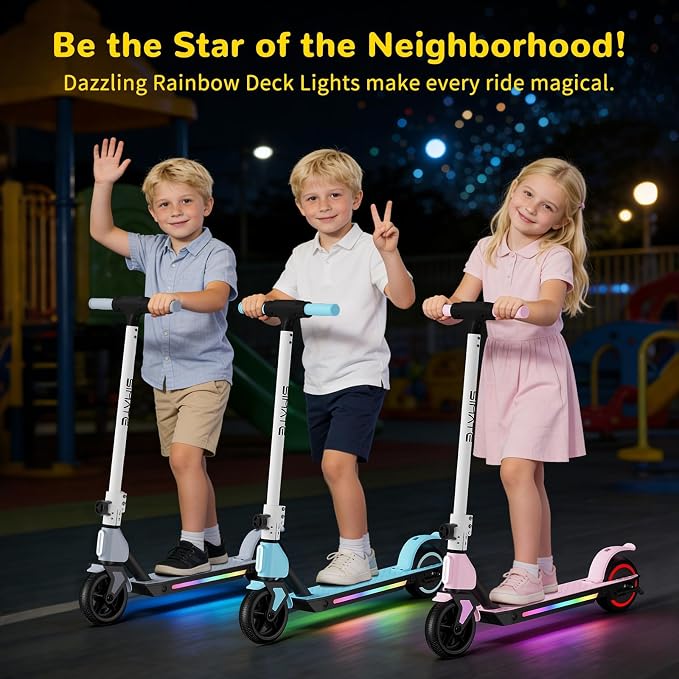 SIMATE Electric Scooter for Kids 6-14, Colorful Lights & Double Brake System, Aluminum Alloy Frame, Foldable, LED Display, for Boys Girls