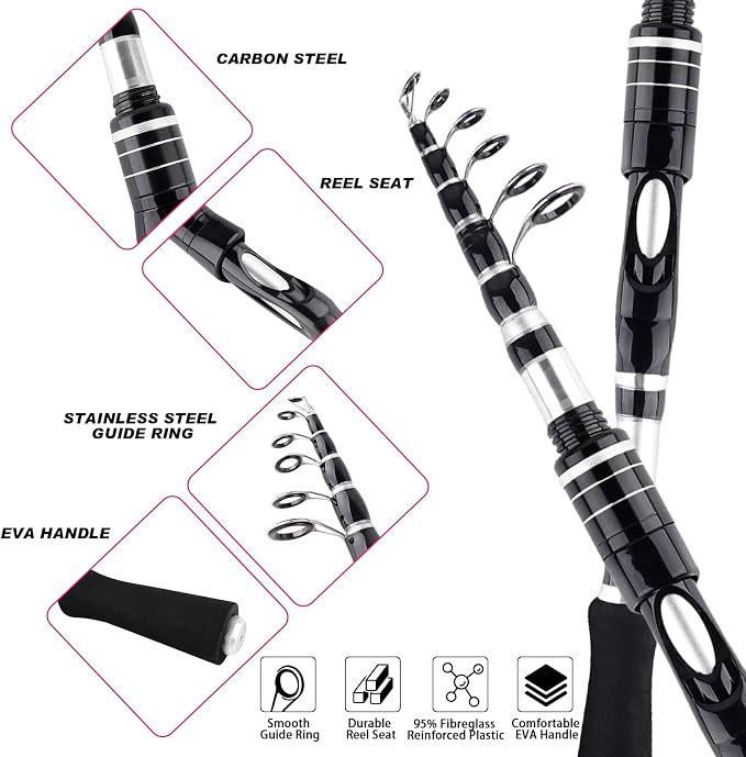 2PCS Telescopic Fishing Rods and Reels Combo Set Portable Fishing Pole | Spinning Reel Lures Accessories with Storage Bag Saltwater Freshwater Fishing Pole Combo Fishermen Gift