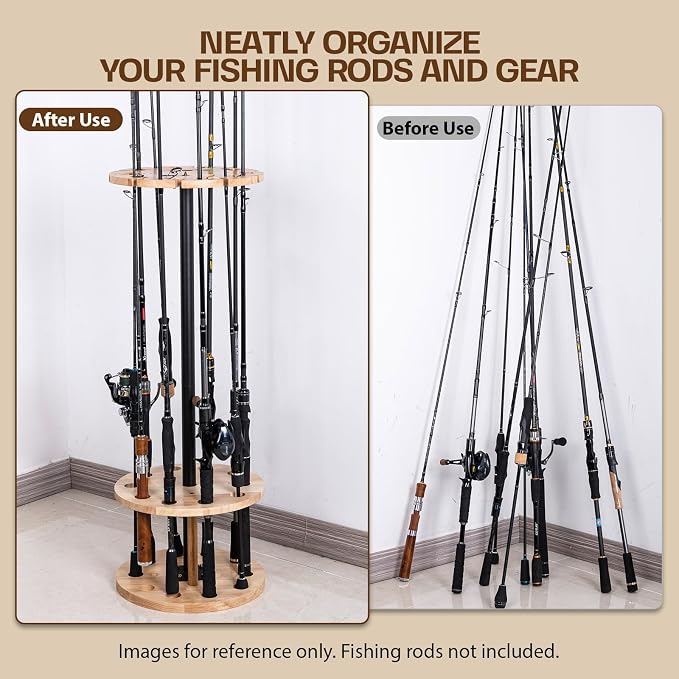 Goture Round Fishing Rod Holders for Garage, Floor Stand Holds up to 10 Rods, 2 Built-in Grooves, Solid Rubber Wood Fishing Gear Equipment Storage Organizer, Ideal Fishing Gift for Men Women