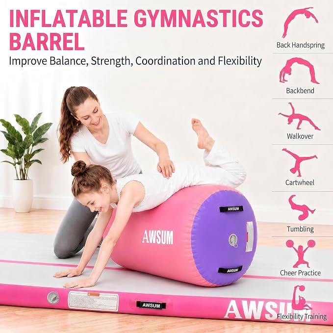 AWSUM Gymnastics Barrel Tumbling Equipment Air Roller Training Inflatable Back Handspring Trainer for Octagon Tumble Mat Gym Cheerleading Home Use 1 PCS，No Electric Pump