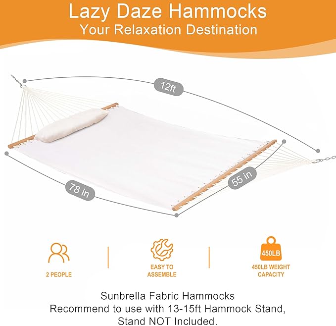 Lazy Daze Hammocks 12 FT Sunbrella Fabric Hammock Non-Fading with Spreader Bars and Free Pillow Fits for 2 Persons, All Weather and Fade Resistant for Patio Yard, 450 lbs Capacity, Cast Pumice