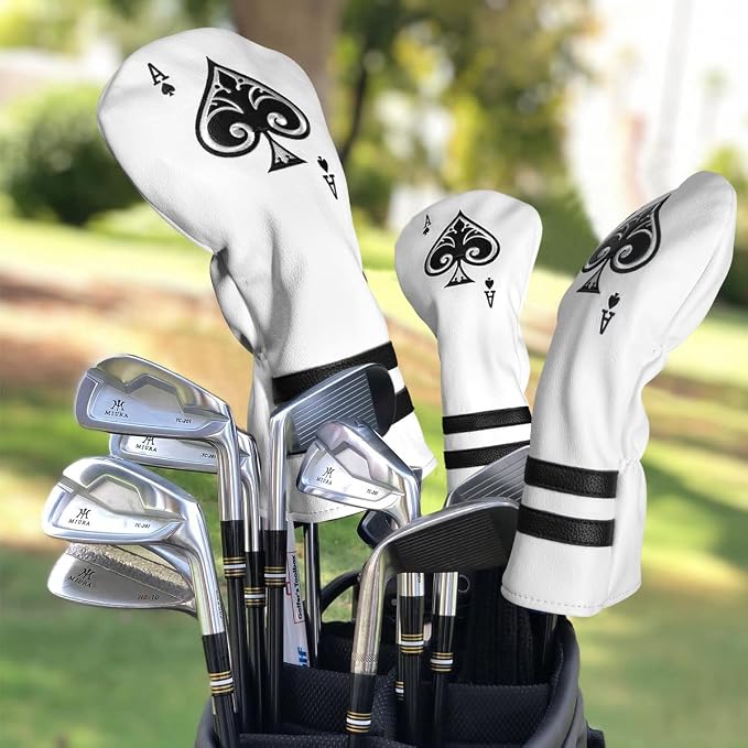 Ace Wood Club Headcover - 3pcs or 1pc - Driver/Fairway Woods/Hybrid Rescue - White Leather Golf Club Cover