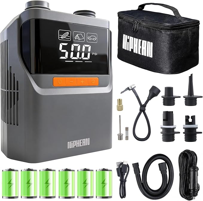 Niphean Paddle Board Electric Pump with Battery 50 PSI Rechargeable Air Pump Dual Stage Auto Inflation&Off 12V DC Car Connector Portable SUP Pump for Stand Up Paddle Board, Kayak, Tent and Tires