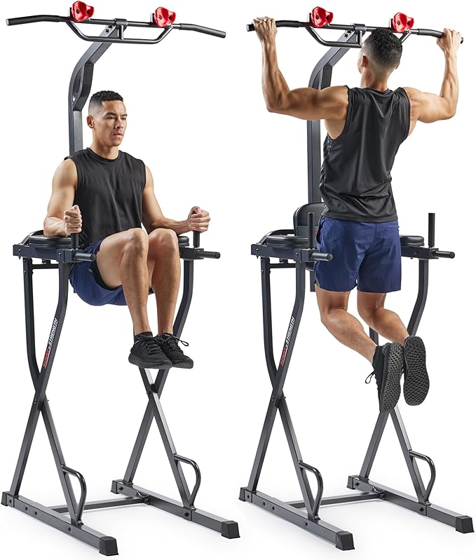 Sunny Health & Fitness Power Tower Dip Station & Pull-Up Bar, Multi-Function Strength Training Equipment with Captain’s Chair, Push-Up Bars & Core Workout for Home Gym